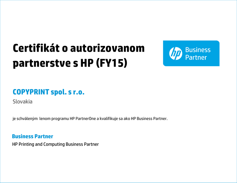 Certifikát o autorizovanom partnerstve s HP FY15