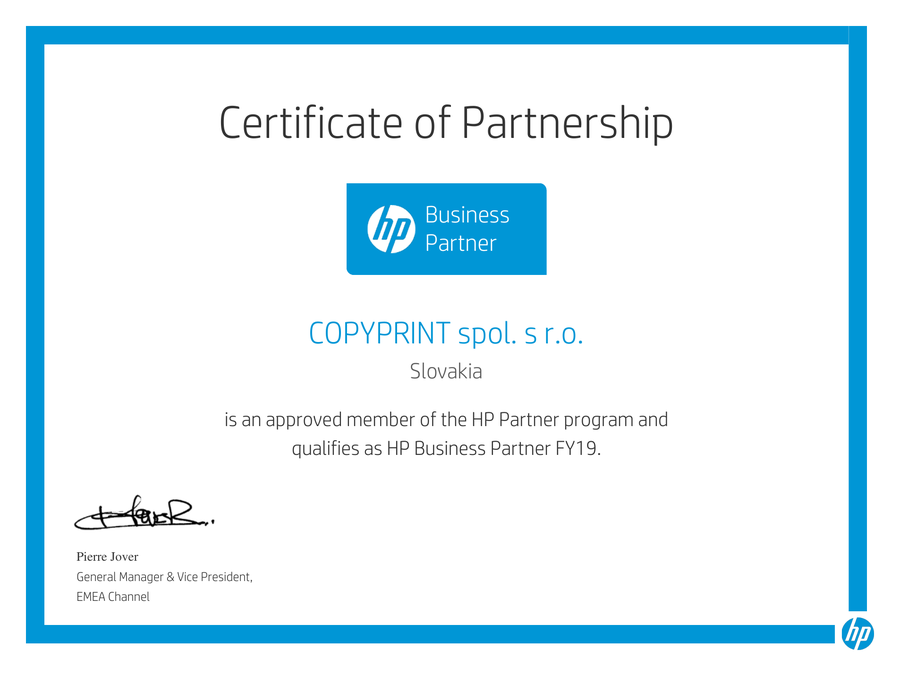 Certificate of Partnership - HP Business Partner FY19